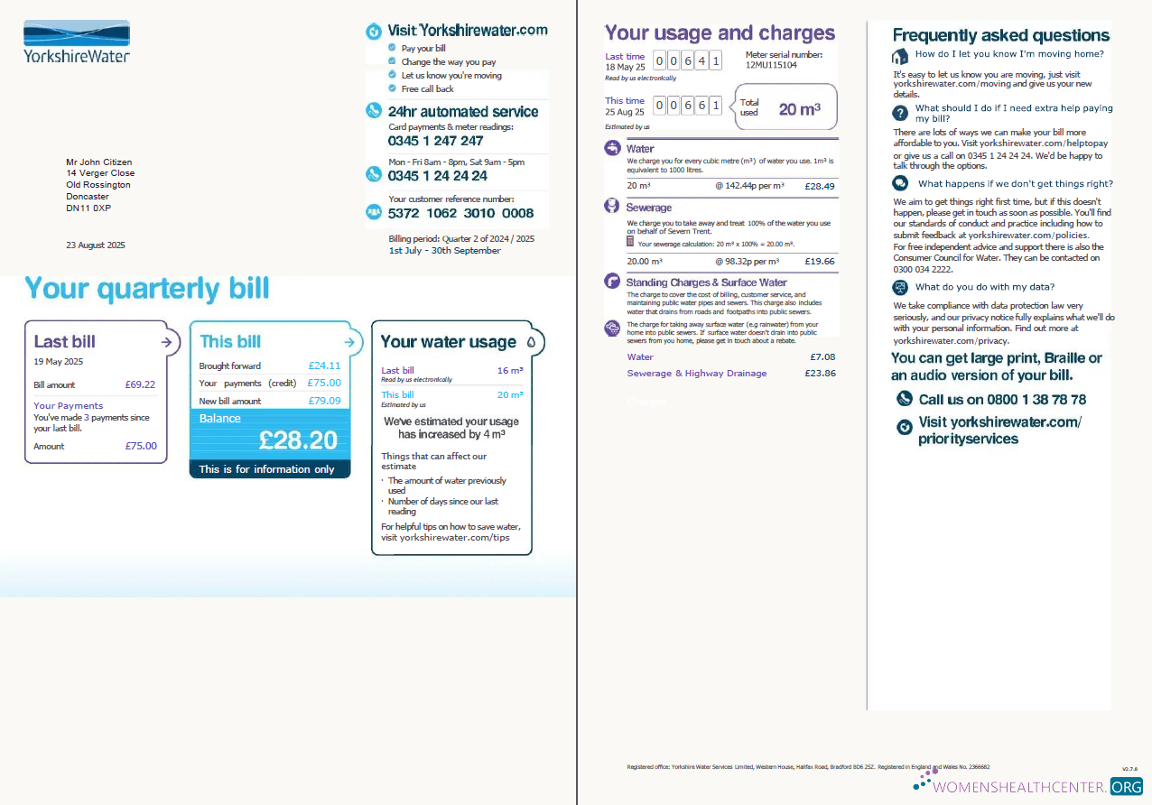 United Kingdom Yorkshire Water utility bill template in Word and PDF formats, 2 pages, version 2